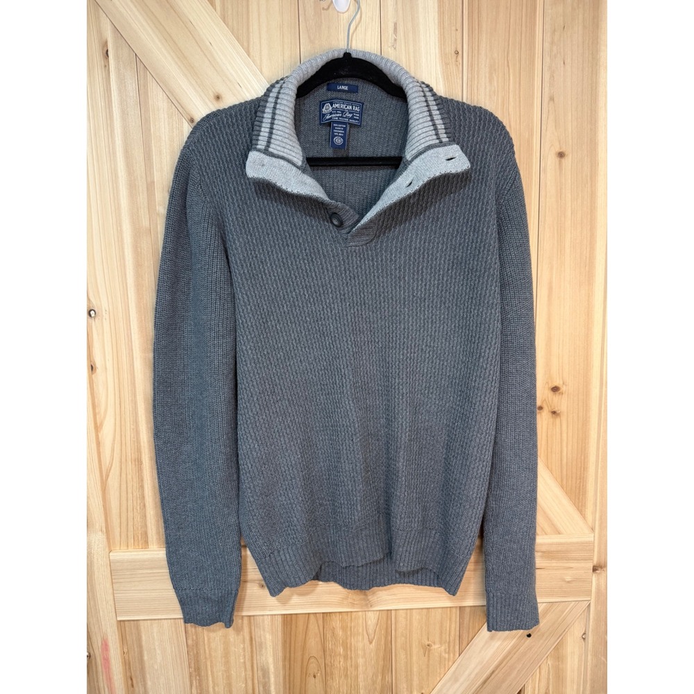 American Rag Mens Large Gray Cotton Knit Button Collar Pullover Sweater